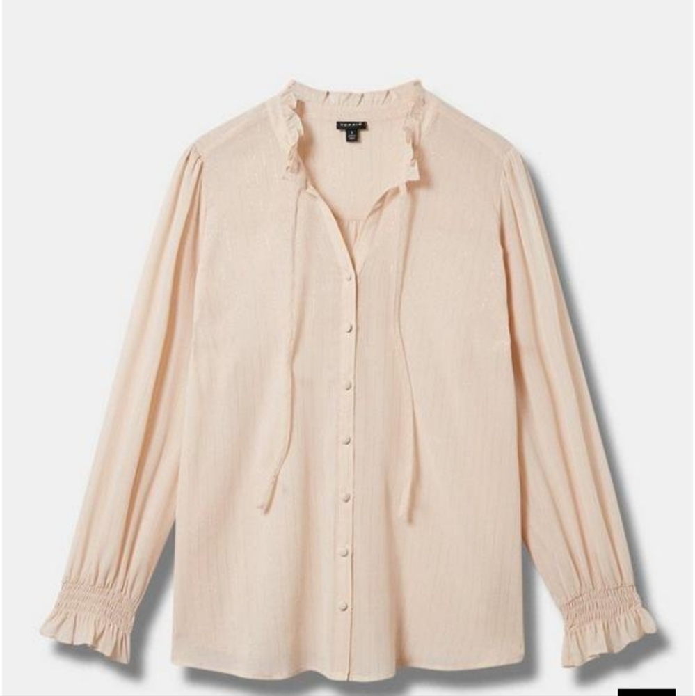 Crinkle Chiffon Button Up Mock Neck Blouse